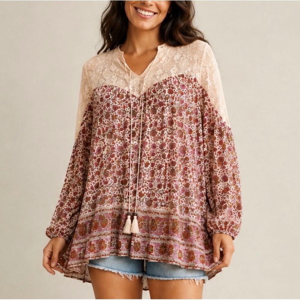 Lola P. Women Pink Floral Lace Yoke Tassel Tunic Blouse Large Boho Flowy Top